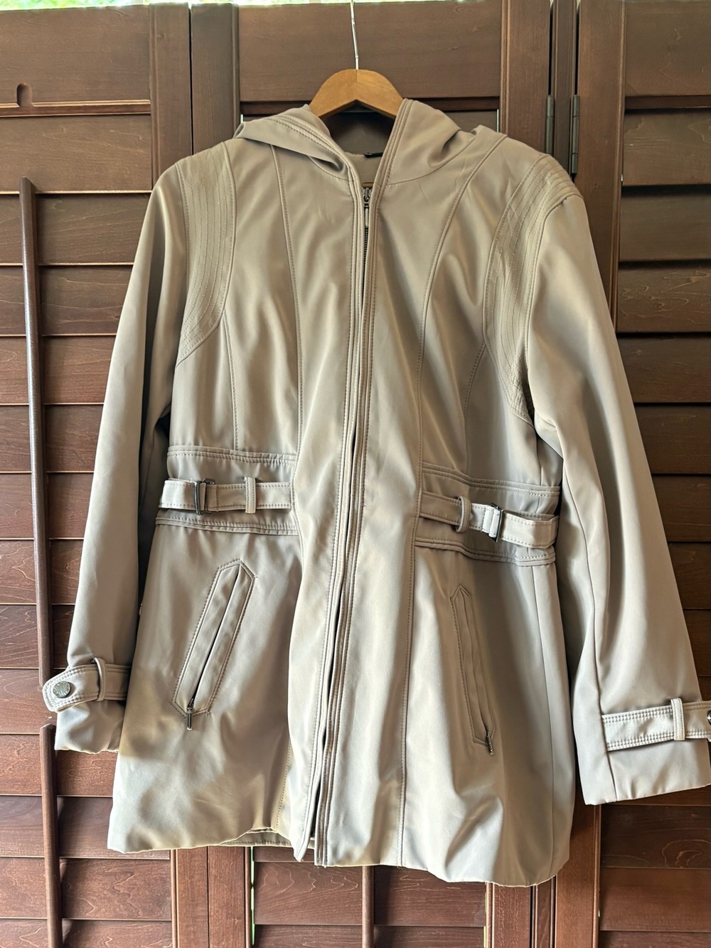 Jones New York Taupe Hooded Soft Shell Zip-Front Trench Coat